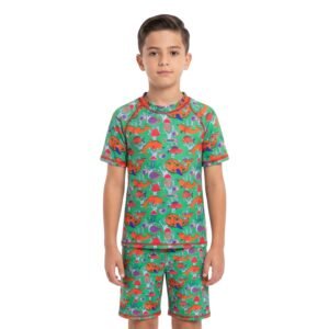 DIRTY CLOTHES Boys Quick-Dry 2-Piece Ocean Life Swimsuit Set–Layered Crew Neck Tee with Layered Swim Shorts–Comfortable Swimwear for Beach & Pool (5-14Y)