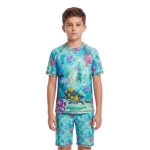 DIRTY CLOTHES Boys Quick-Dry 2-Piece Ocean Life Swimsuit Set–Layered Crew Neck Tee with Layered Swim Shorts–Comfortable Swimwear for Beach & Pool (5-14Y)