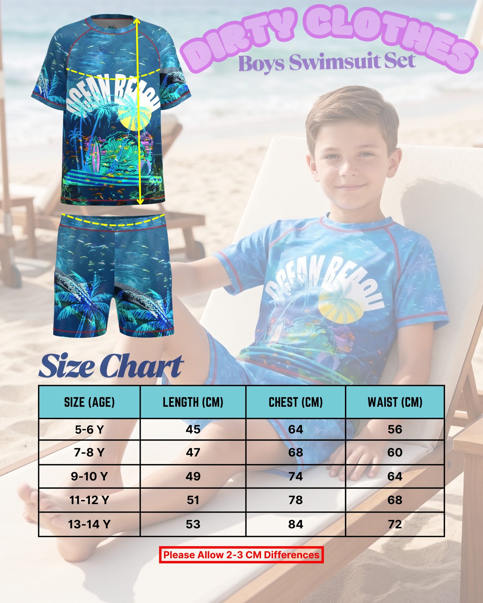DIRTY CLOTHES Boys Quick-Dry 2-Piece Ocean Life Swimsuit Set–Layered Crew Neck Tee with Layered Swim Shorts–Comfortable Swimwear for Beach & Pool (5-14Y) - Image 3