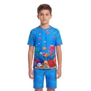 DIRTY CLOTHES Boys Quick-Dry 2-Piece Ocean Life Swimsuit Set–Layered Crew Neck Tee with Layered Swim Shorts–Comfortable Swimwear for Beach & Pool (5-14Y)