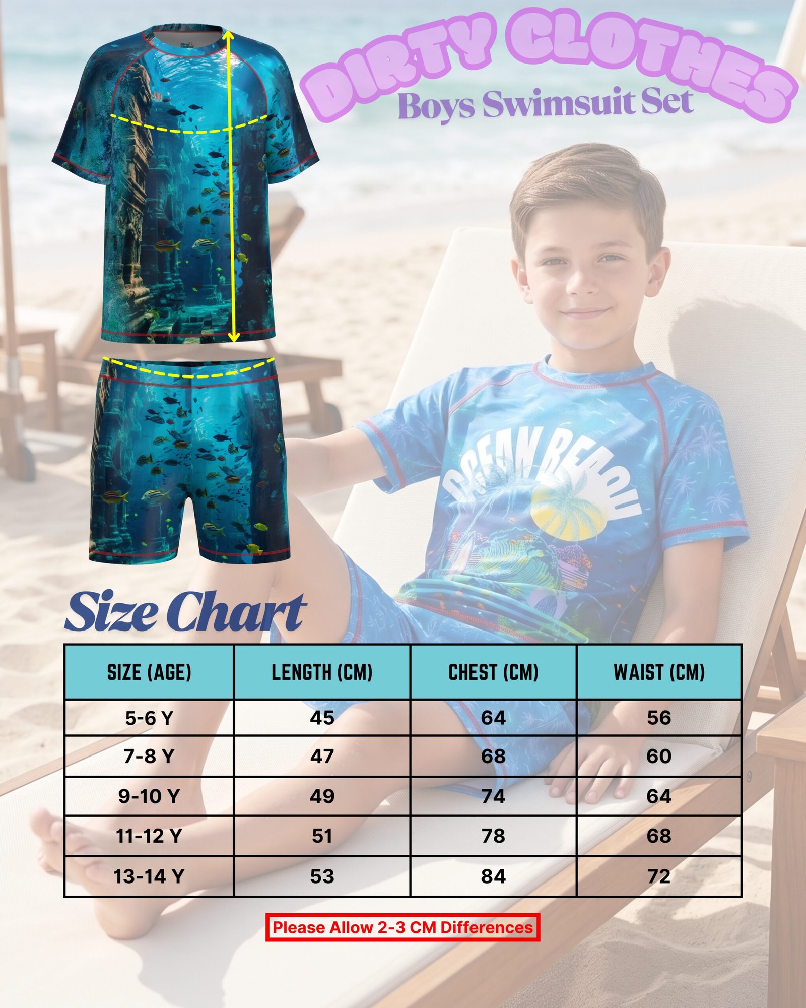 DIRTY CLOTHES Boys Quick-Dry 2-Piece Ocean Life Swimsuit Set–Layered Crew Neck Tee with Layered Swim Shorts–Comfortable Swimwear for Beach & Pool (5-14Y) - Image 3