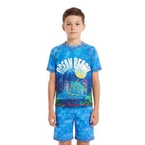 DIRTY CLOTHES Boys Quick-Dry 2-Piece Ocean Life Swimsuit Set–Layered Crew Neck Tee with Layered Swim Shorts–Comfortable Swimwear for Beach & Pool (5-14Y)