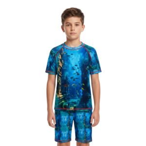 DIRTY CLOTHES Boys Quick-Dry 2-Piece Ocean Life Swimsuit Set–Layered Crew Neck Tee with Layered Swim Shorts–Comfortable Swimwear for Beach & Pool (5-14Y)