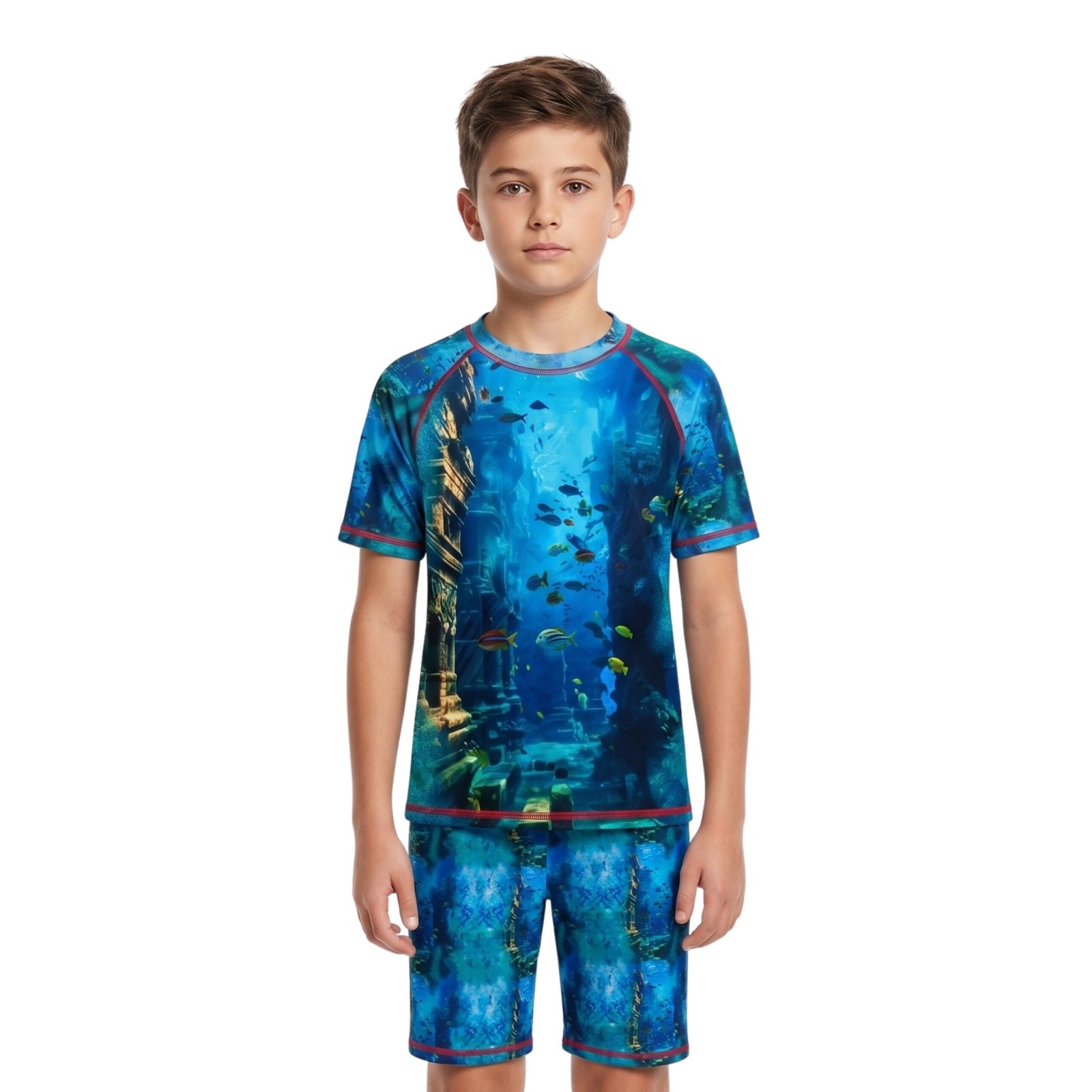DIRTY CLOTHES Boys Quick-Dry 2-Piece Ocean Life Swimsuit Set–Layered Crew Neck Tee with Layered Swim Shorts–Comfortable Swimwear for Beach & Pool (5-14Y)