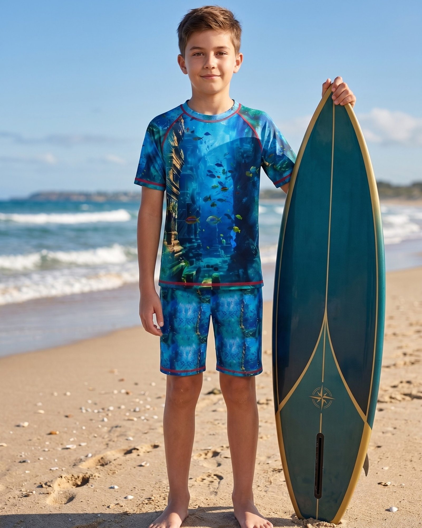 DIRTY CLOTHES Boys Quick-Dry 2-Piece Ocean Life Swimsuit Set–Layered Crew Neck Tee with Layered Swim Shorts–Comfortable Swimwear for Beach & Pool (5-14Y) - Image 6